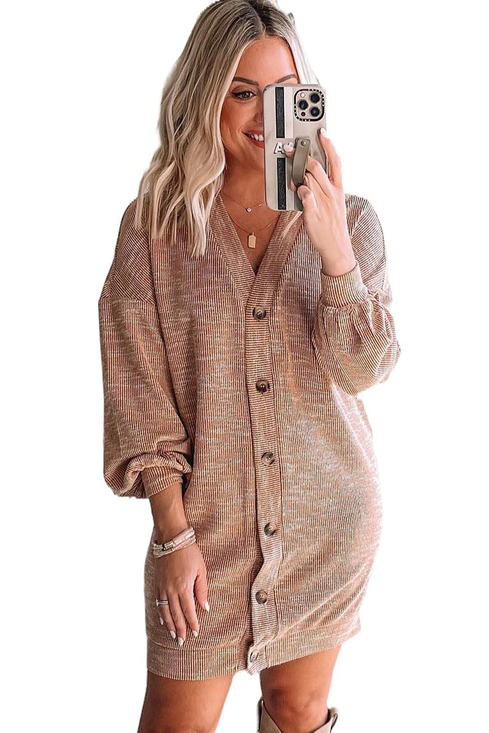 Ribbed Buttons V Neck Cardigan