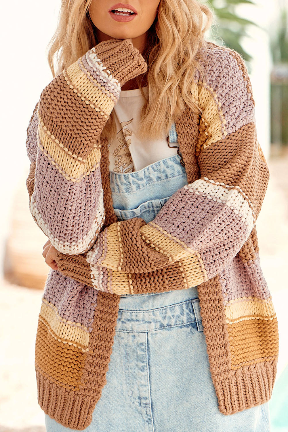 Color Block Knit Drop Shoulder Open Front Sweater