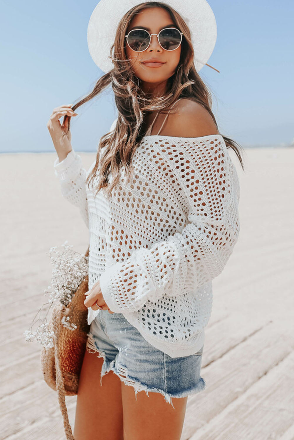 Hollow Out Crochet V Neck Pullover Sweater
