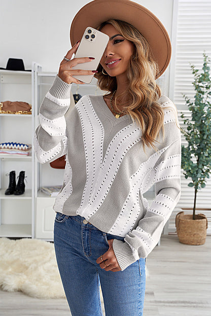 Striped Colorblock V Neck Knitted Sweater