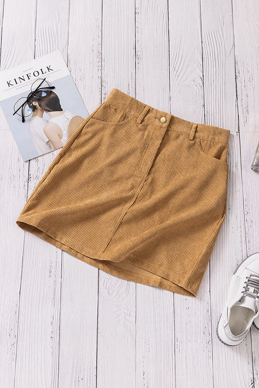 Khaki High Waist Corduroy Mini Skirt with Pockets