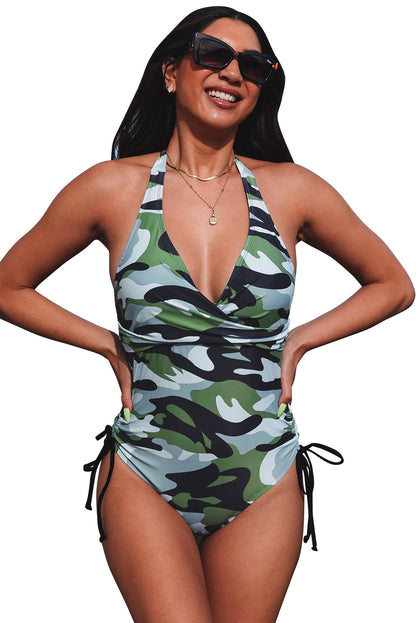 Camouflage Drawstring Backless One Piece Swimsuit