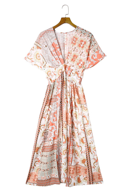 Boho Print Deep V Kimono Sleeves Beach Dress with Split