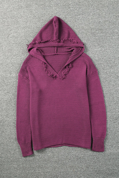 V Neck Ribbed Drop Shoulder Hooded Sweater