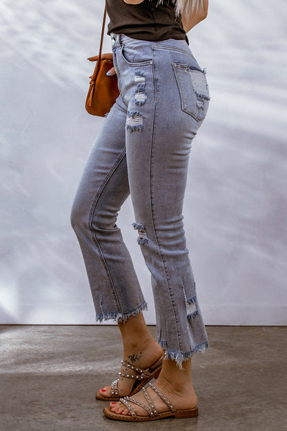 Distressed Raw Hem Buttoned Jeans